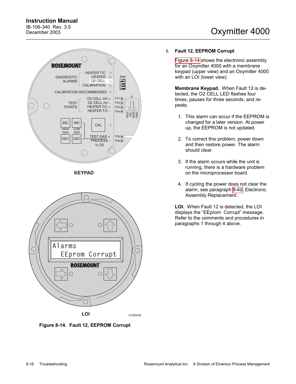 Figure 8-14. fault 12, eeprom corrupt -16, Oxymitter 4000, Alarms eeprom corrupt | Instruction manual | Emerson OXYMITTER 4000 User Manual | Page 120 / 172