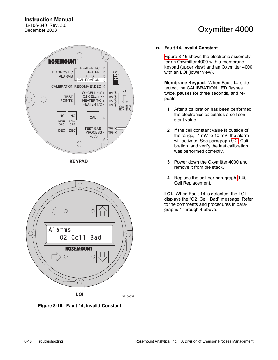 Figure 8-16. fault 14, invalid constant -18, Oxymitter 4000, Alarms o2 cell bad | Instruction manual | Emerson OXYMITTER 4000 User Manual | Page 122 / 172