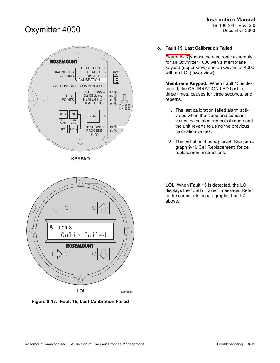 Ugh 8-19, Gh figure 8-17 a, Figure 8-17. fault 15, last calibration failed -19 | Oxymitter 4000, Alarms calib failed, Instruction manual | Emerson OXYMITTER 4000 User Manual | Page 123 / 172