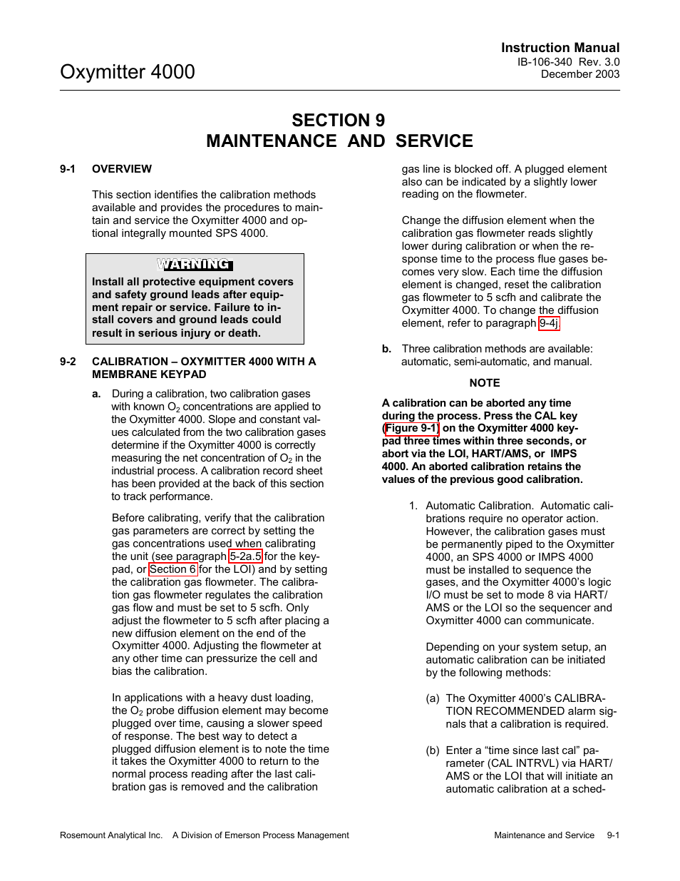 Maintenance and service -1, Overview -1, R to section 9 | Ph 9-2 i, Section 9, Tion 9, mai, Oxymitter 4000 | Emerson OXYMITTER 4000 User Manual | Page 129 / 172