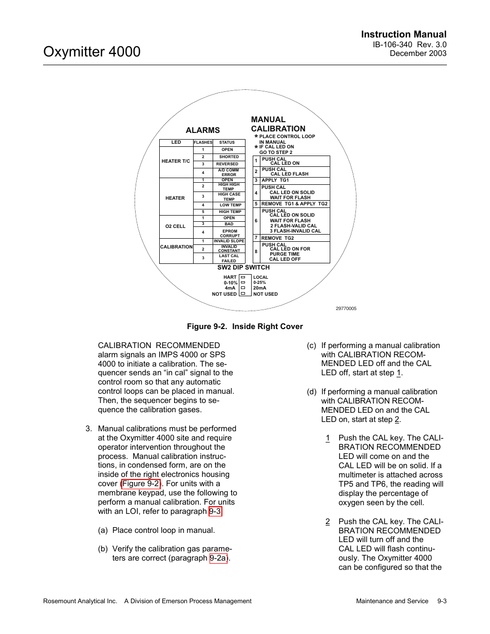 3 thr, Figure 9-2. inside right cover -3, Oxymitter 4000 | Instruction manual, Alarms manual calibration | Emerson OXYMITTER 4000 User Manual | Page 131 / 172