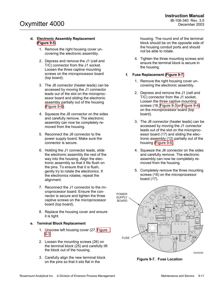 Figure 9-7. fuse location -11, Oxymitter 4000, Instruction manual | Emerson OXYMITTER 4000 User Manual | Page 139 / 172