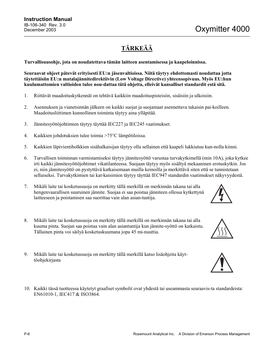 Oxymitter 4000, Tärkeää | Emerson OXYMITTER 4000 User Manual | Page 14 / 172