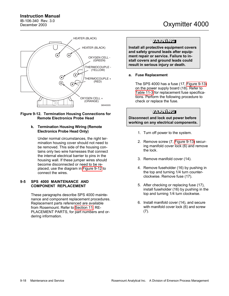 A. 9-4k to ide, Sps 4000 maintenance and component replacement -18, Ph 9-5a | Oxymitter 4000, Instruction manual | Emerson OXYMITTER 4000 User Manual | Page 146 / 172