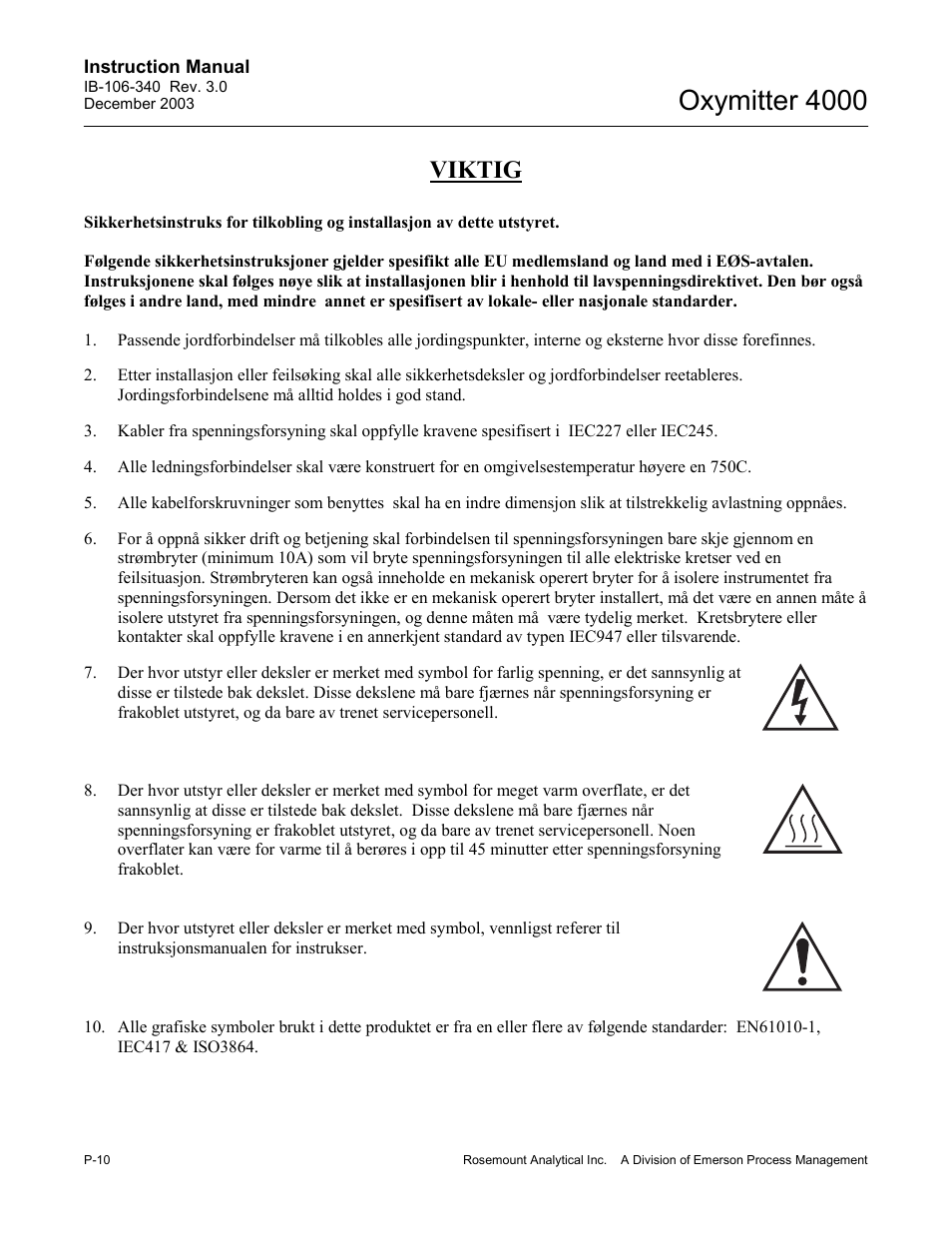 Oxymitter 4000, Viktig | Emerson OXYMITTER 4000 User Manual | Page 18 / 172