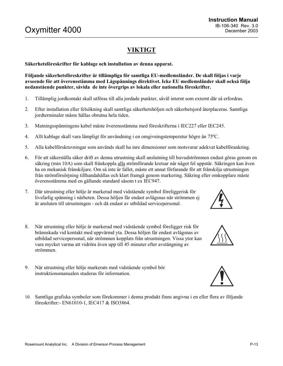 Oxymitter 4000, Viktigt | Emerson OXYMITTER 4000 User Manual | Page 21 / 172