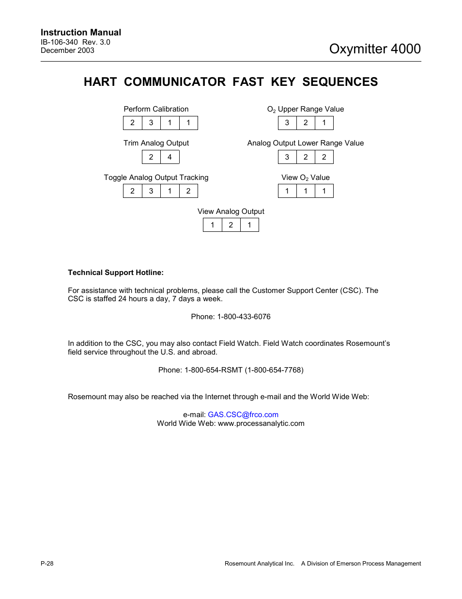 Oxymitter 4000, Hart communicator fast key sequences | Emerson OXYMITTER 4000 User Manual | Page 36 / 172