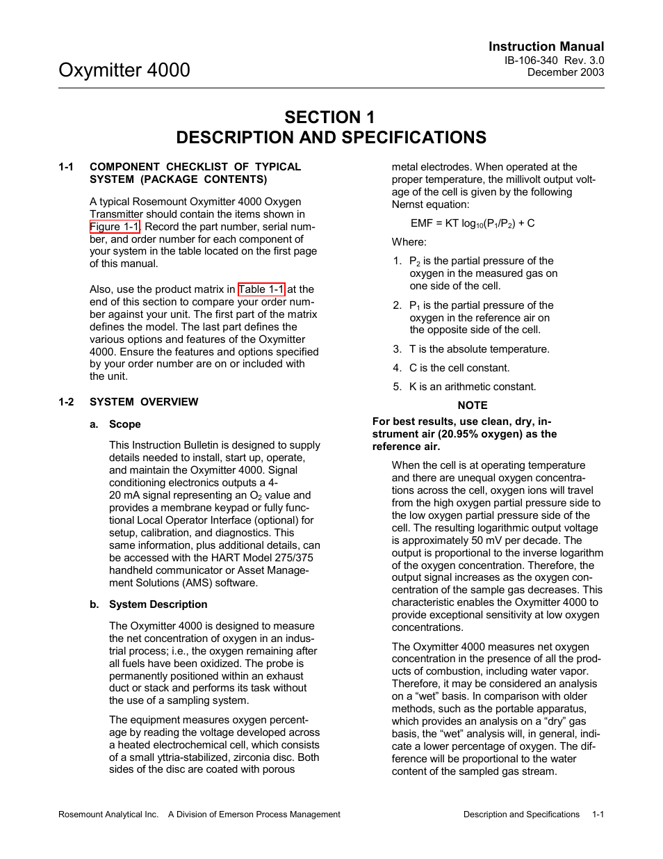 2a t, 0 description, Specifications -1 | System overview -1, Oxymitter 4000 | Emerson OXYMITTER 4000 User Manual | Page 37 / 172