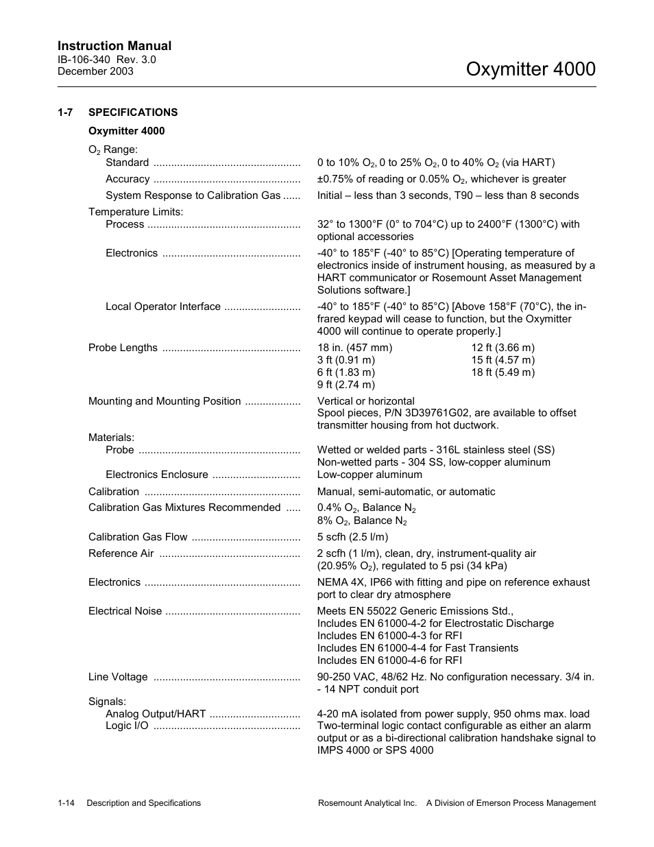 A. 1-7 spec, Specifications -14, Oxymitter 4000 | Instruction manual | Emerson OXYMITTER 4000 User Manual | Page 50 / 172