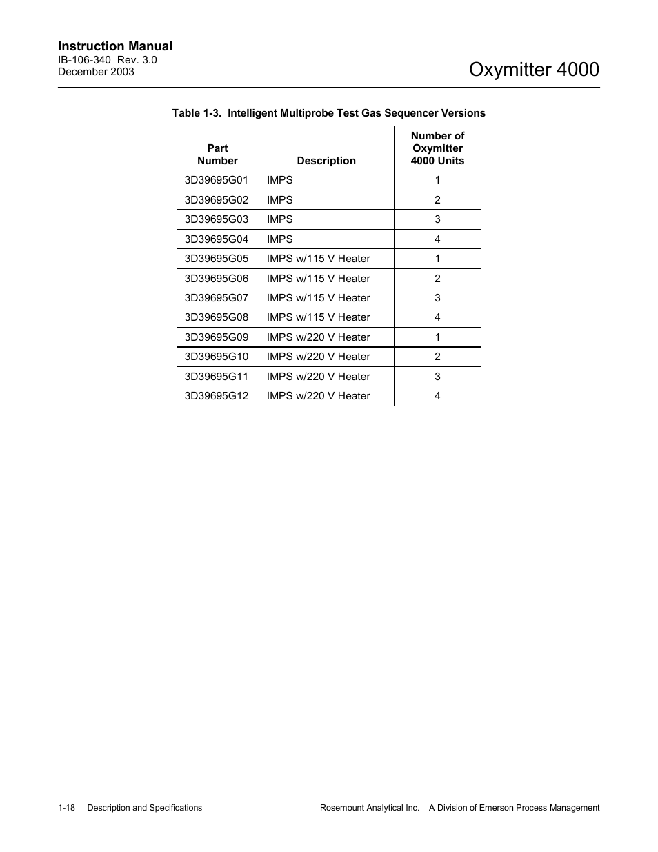 Table 1-3, Oxymitter 4000 | Emerson OXYMITTER 4000 User Manual | Page 54 / 172