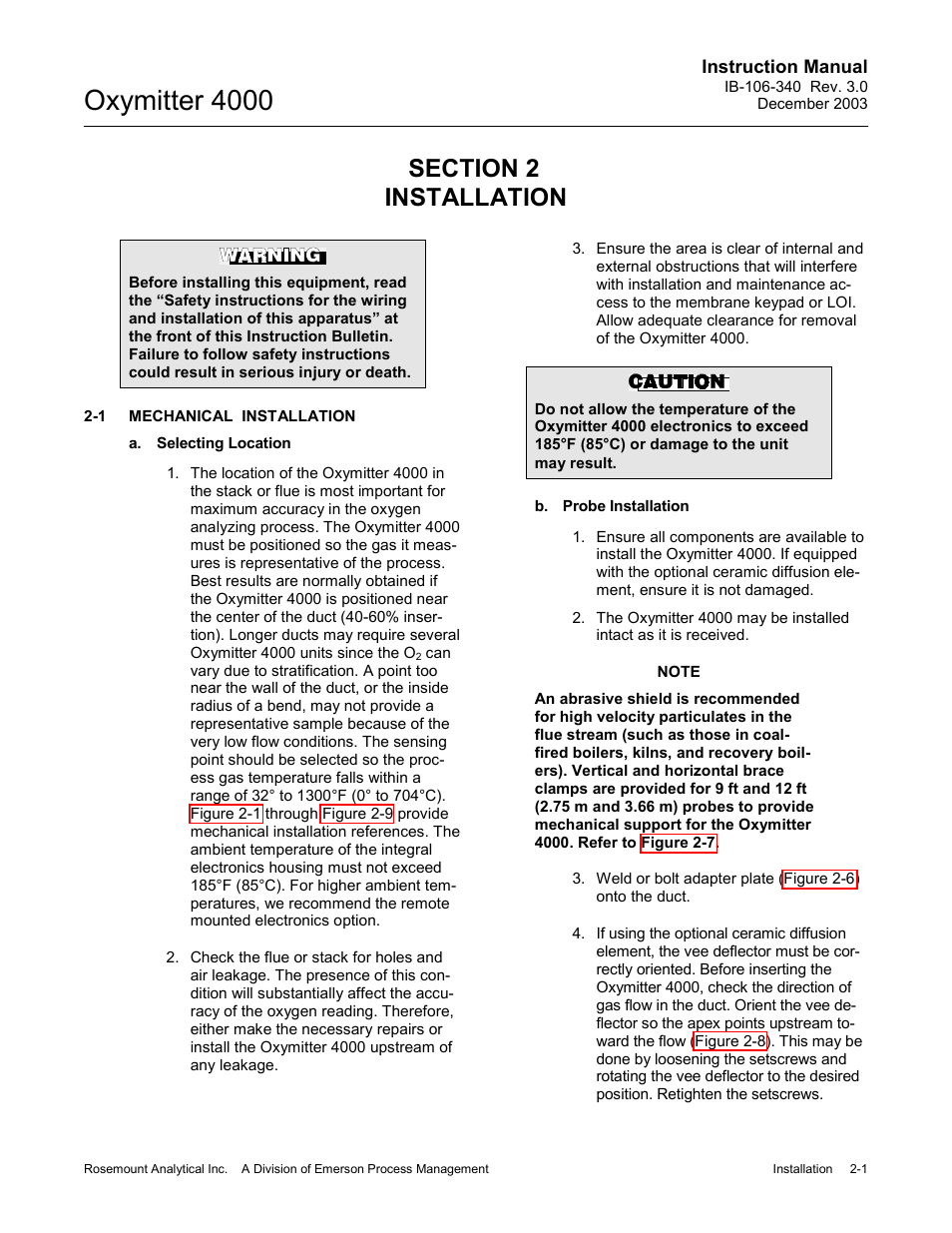 1a t, 0 installation -1 2-1, Mechanical installation -1 | Oxymitter 4000 | Emerson OXYMITTER 4000 User Manual | Page 55 / 172