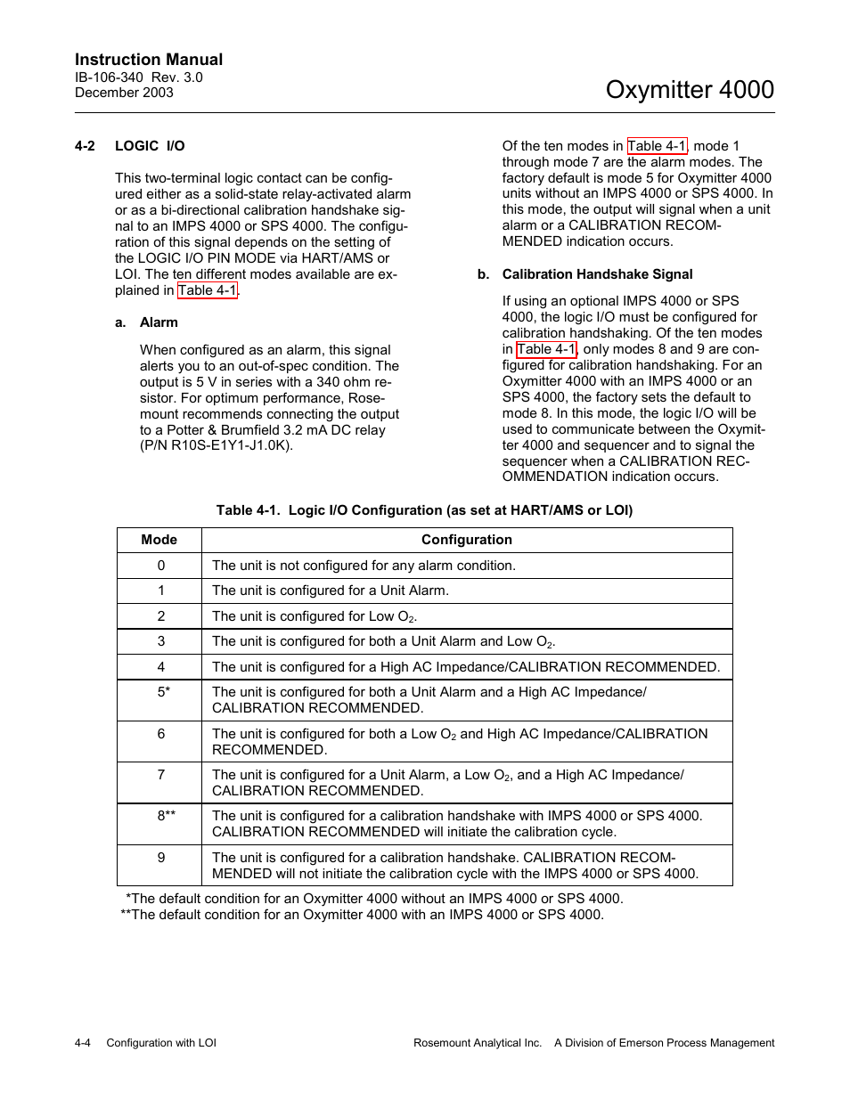 Logic i/o -4, Table 4-1, Ph 4-2 a | D table 4-1, Oxymitter 4000 | Emerson OXYMITTER 4000 User Manual | Page 84 / 172