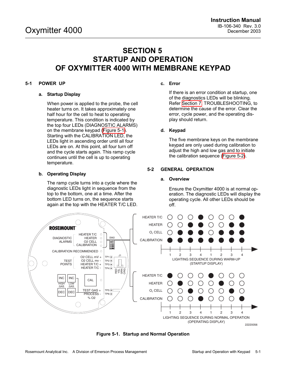 E to section 5, Power up -1, General operation -1 | Figure 5-1. startup and normal operation -1, Oxymitter 4000, Instruction manual | Emerson OXYMITTER 4000 User Manual | Page 87 / 172