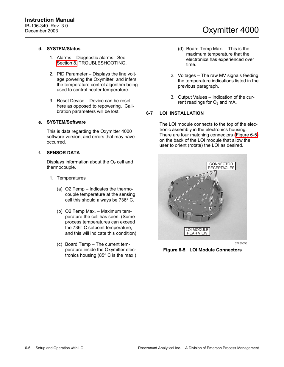 Loi installation -6, Figure 6-5. loi module connectors -6, Oxymitter 4000 | Emerson OXYMITTER 4000 User Manual | Page 94 / 172