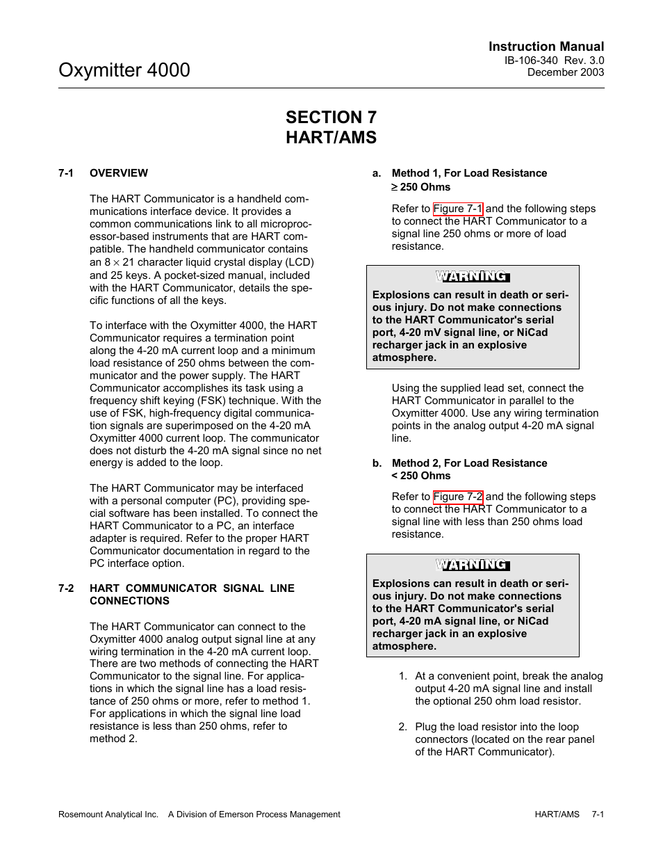 0 hart/ams -1 7-1, Overview -1, Hart communicator signal line connections -1 | Oxymitter 4000 | Emerson OXYMITTER 4000 User Manual | Page 97 / 172