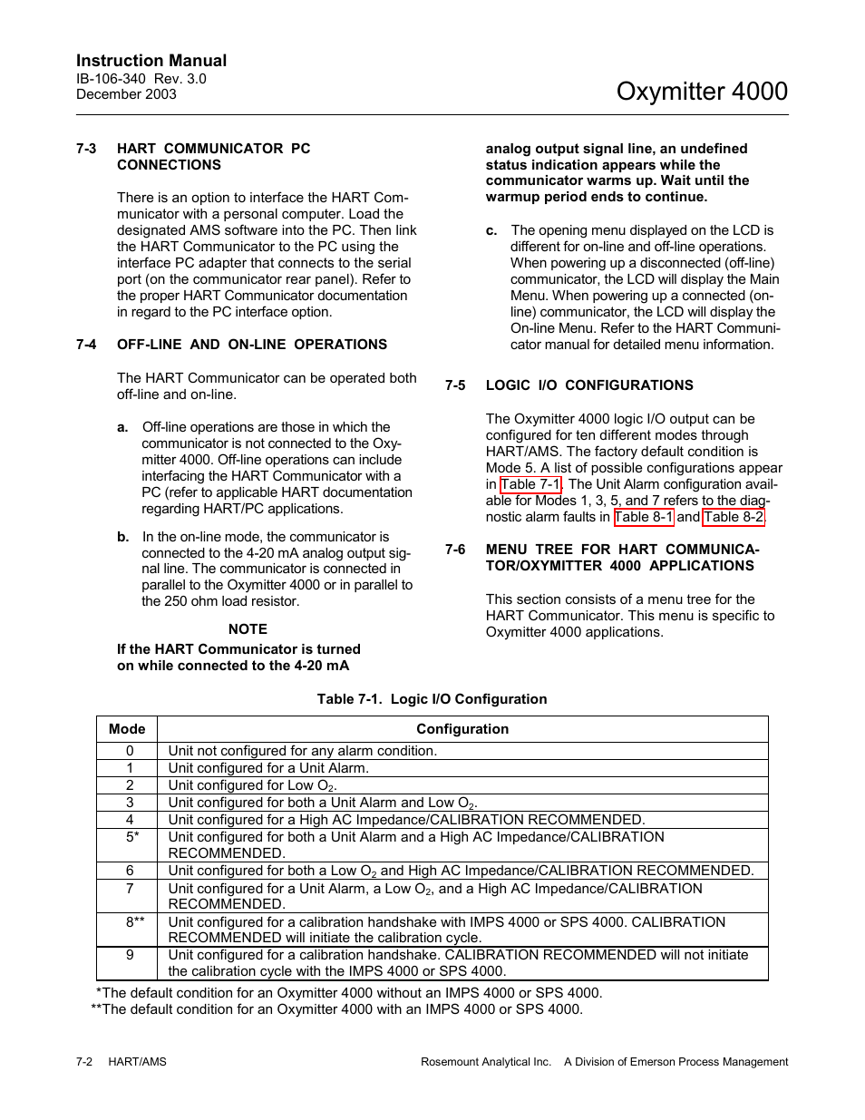 Hart communicator pc connections -2, Off-line and on-line operations -2, Logic i/o configurations -2 | Table 7-1, Logic i/o configuration -2, Oxymitter 4000 | Emerson OXYMITTER 4000 User Manual | Page 98 / 172