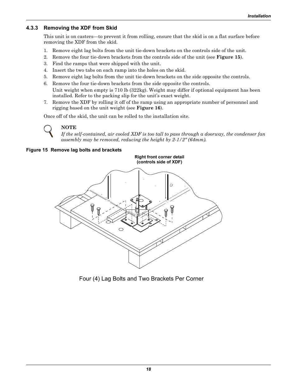 3 removing the xdf from skid, Figure 15 remove lag bolts and brackets, Removing the xdf from skid | Emerson Liebert XDF User Manual | Page 24 / 60