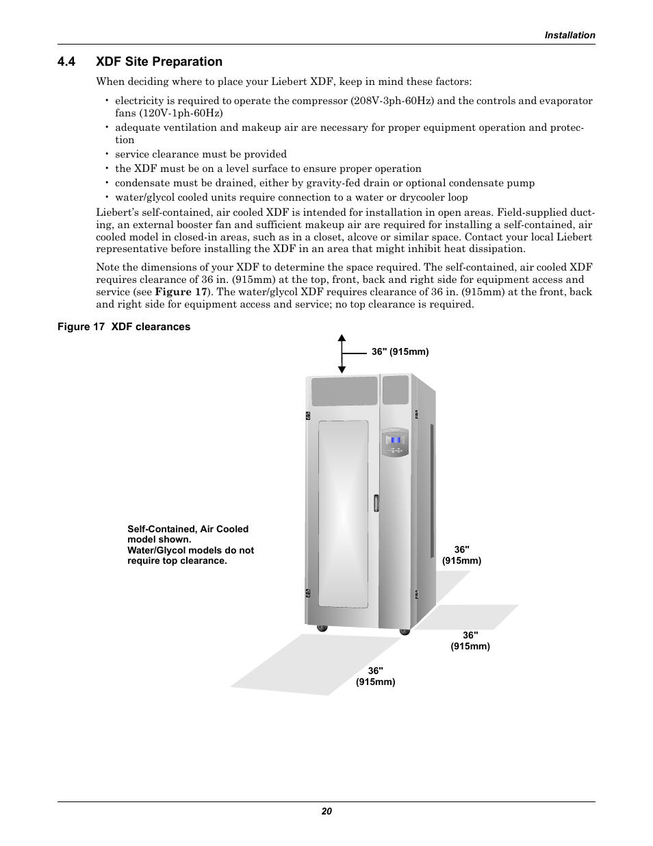 4 xdf site preparation, Figure 17 xdf clearances, Xdf site preparation | Emerson Liebert XDF User Manual | Page 26 / 60