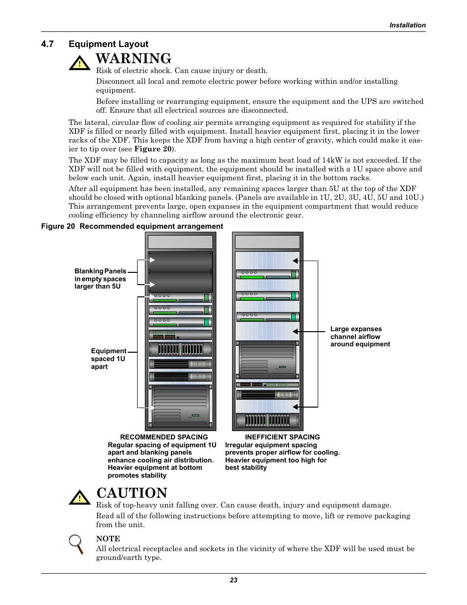 7 equipment layout, Figure 20 recommended equipment arrangement, Equipment layout | Warning, Caution | Emerson Liebert XDF User Manual | Page 29 / 60