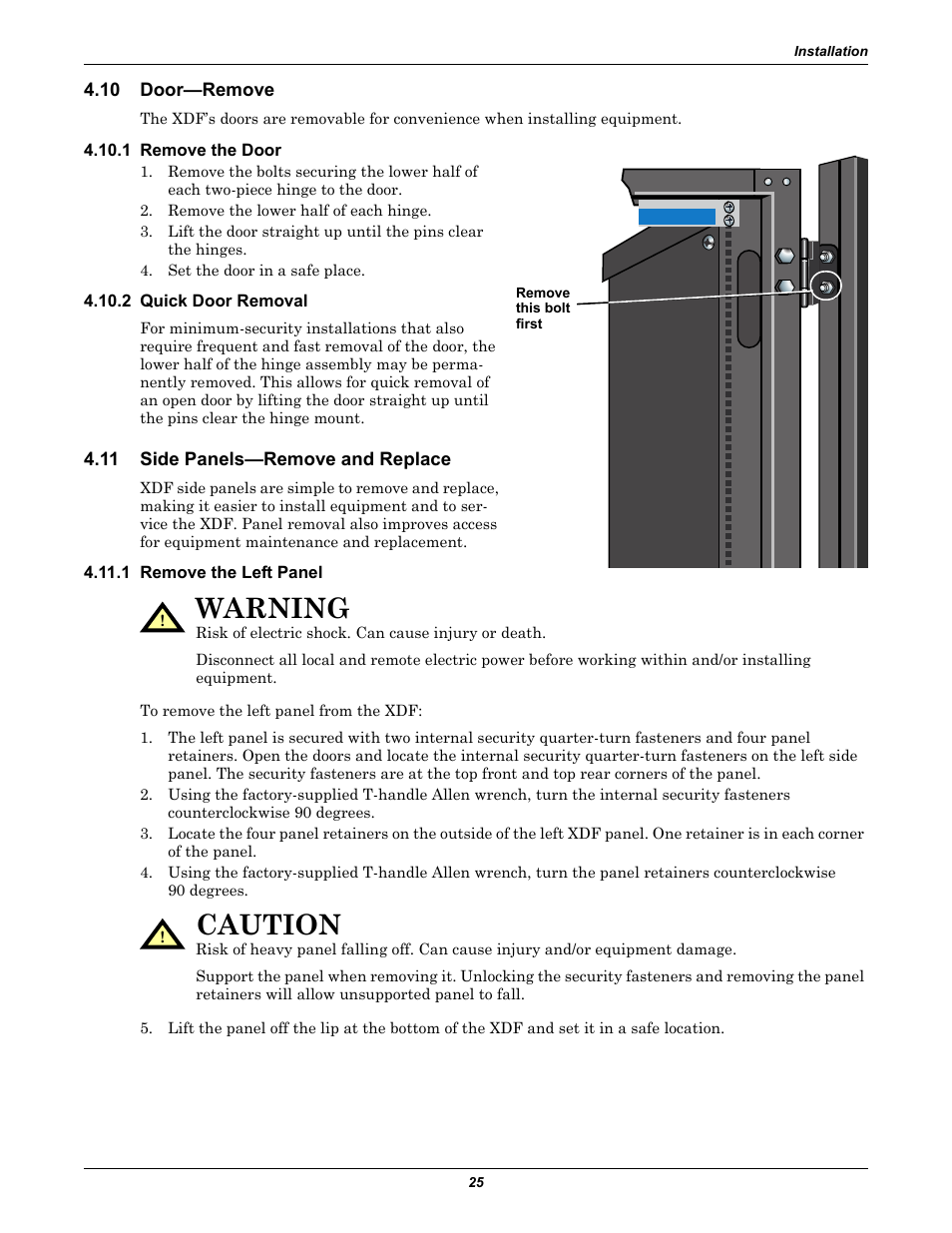 10 door-remove, 1 remove the door, 2 quick door removal | 11 side panels-remove and replace, 1 remove the left panel, Door—remove, Quick door removal, Side panels—remove and replace, Warning, Caution | Emerson Liebert XDF User Manual | Page 31 / 60