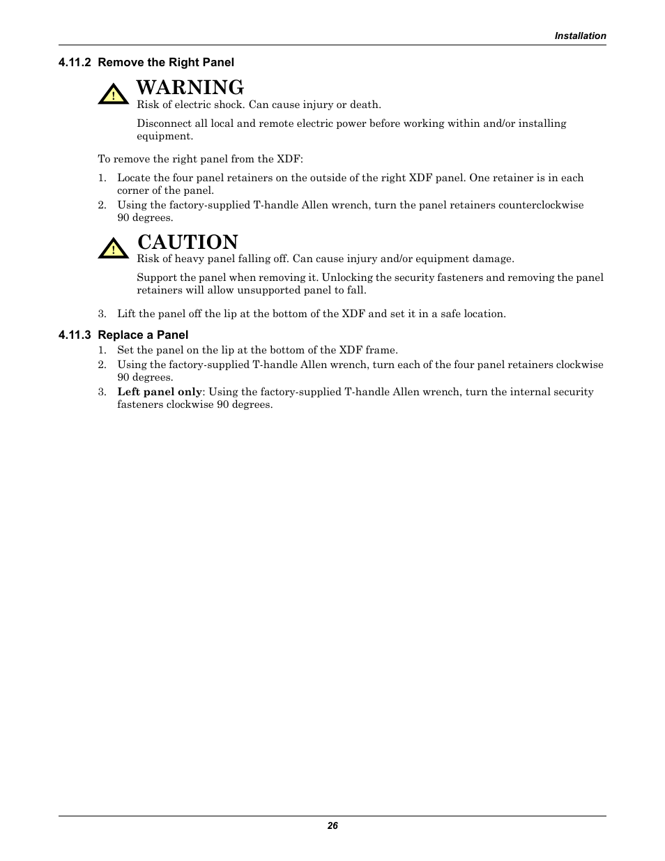 2 remove the right panel, 3 replace a panel, 2 remove the right panel 4.11.3 replace a panel | Warning, Caution | Emerson Liebert XDF User Manual | Page 32 / 60