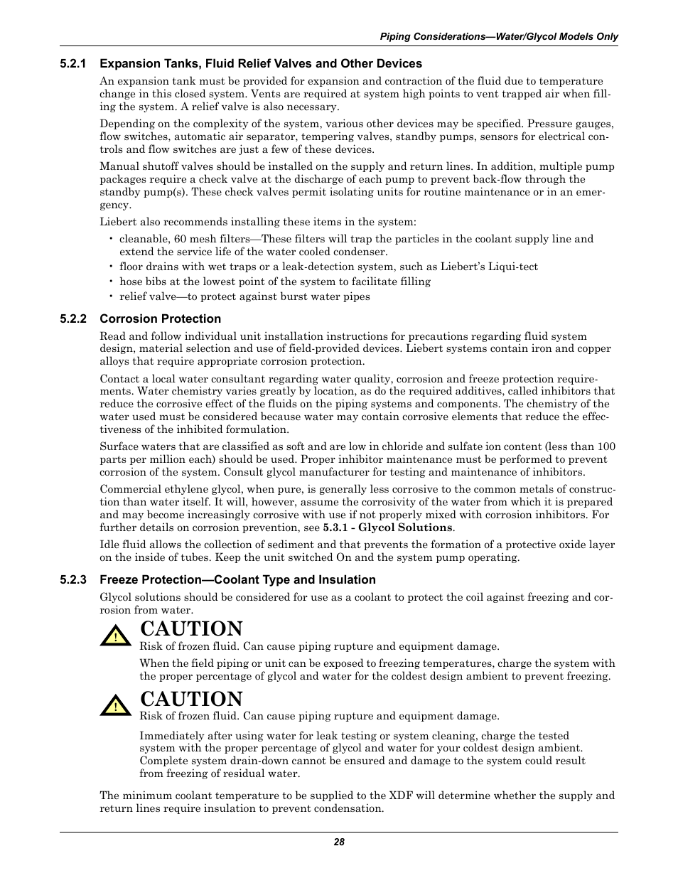 2 corrosion protection, 3 freeze protection-coolant type and insulation, Corrosion protection | Freeze protection—coolant type and insulation, Caution | Emerson Liebert XDF User Manual | Page 34 / 60