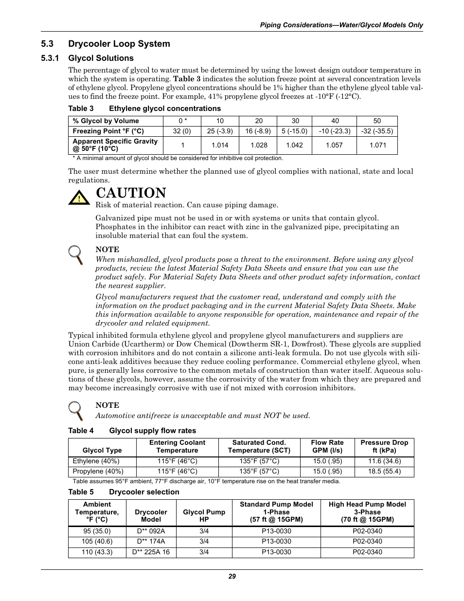 3 drycooler loop system, 1 glycol solutions, Table 3 ethylene glycol concentrations | Table 4 glycol supply flow rates, Table 5 drycooler selection, Drycooler loop system, Glycol solutions, Table 3, Ethylene glycol concentrations, Table 4 | Emerson Liebert XDF User Manual | Page 35 / 60