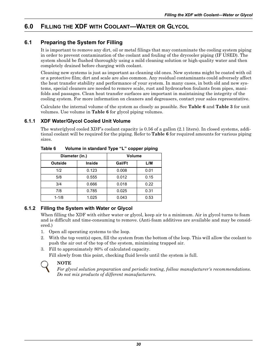 0 filling the xdf with coolant-water or glycol, 1 preparing the system for filling, 1 xdf water/glycol cooled unit volume | Table 6 volume in standard type “l” copper piping, 2 filling the system with water or glycol, Illing, With, Oolant, Ater, Lycol | Emerson Liebert XDF User Manual | Page 36 / 60