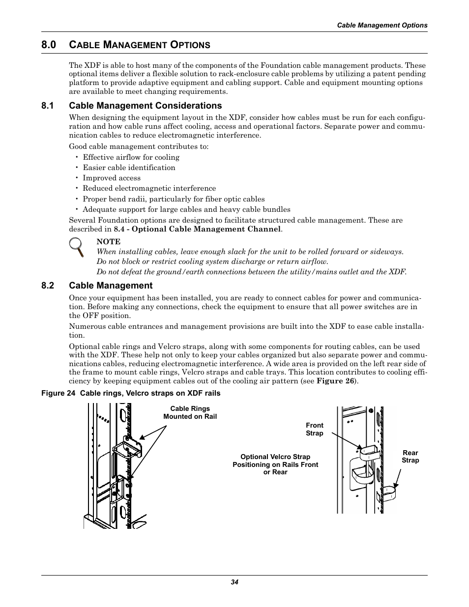 0 cable management options, 1 cable management considerations, 2 cable management | Figure 24 cable rings, velcro straps on xdf rails, Able, Anagement, Ptions, Cable management considerations, Cable management | Emerson Liebert XDF User Manual | Page 40 / 60
