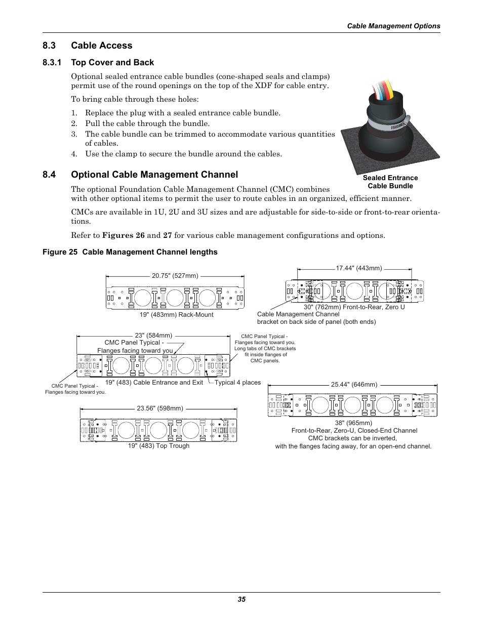 3 cable access, 1 top cover and back, 4 optional cable management channel | Figure 25 cable management channel lengths, Cable access, Top cover and back, Optional cable management channel | Emerson Liebert XDF User Manual | Page 41 / 60