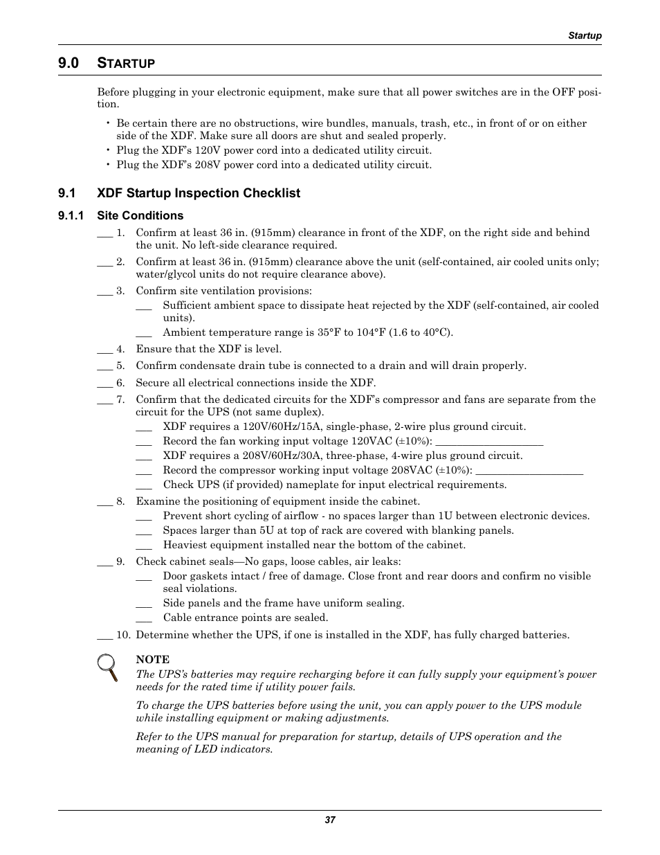 0 startup, 1 xdf startup inspection checklist, 1 site conditions | Tartup, Xdf startup inspection checklist, Site conditions | Emerson Liebert XDF User Manual | Page 43 / 60