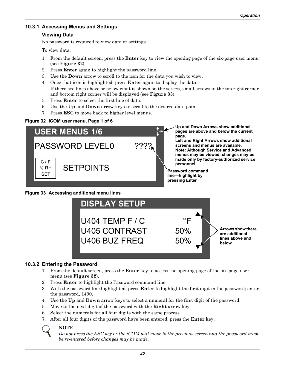 1 accessing menus and settings, Viewing data, Figure 33 accessing additional menu lines | 2 entering the password, User menus 1/6 password level0 ???? setpoints | Emerson Liebert XDF User Manual | Page 48 / 60