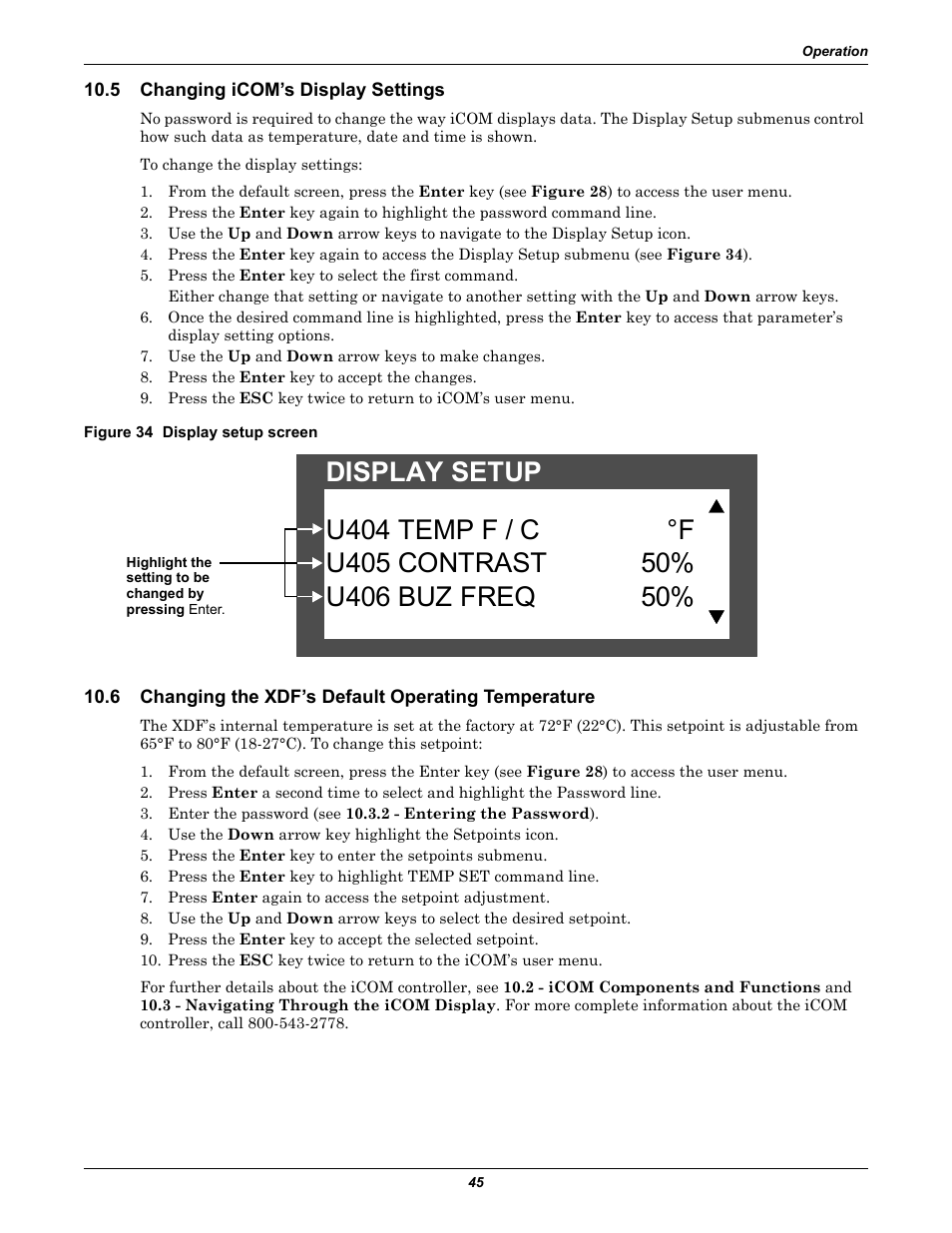 5 changing icom’s display settings, Figure 34 display setup screen, 6 changing the xdf’s default operating temperature | Changing icom’s display settings, Changing the xdf’s default operating temperature | Emerson Liebert XDF User Manual | Page 51 / 60