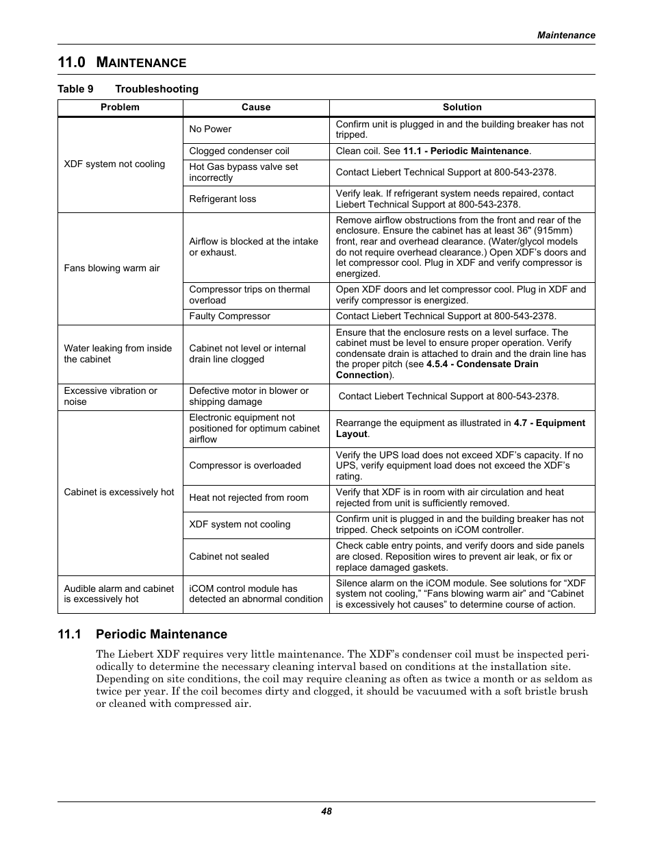 0 maintenance, Table 9 troubleshooting, 1 periodic maintenance | Aintenance, Periodic maintenance, Table 9, Troubleshooting | Emerson Liebert XDF User Manual | Page 54 / 60