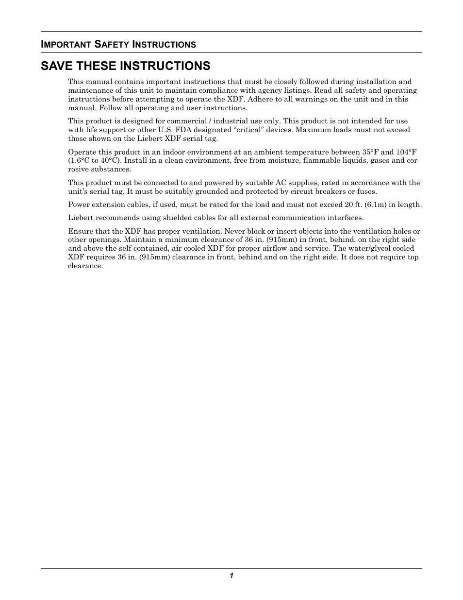 Important safety instructions, Save these instructions, Mportant | Afety, Nstructions | Emerson Liebert XDF User Manual | Page 7 / 60