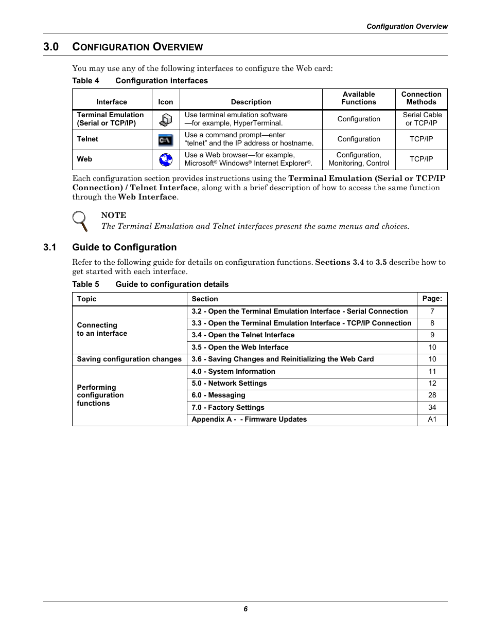 0 configuration overview, Table 4 configuration interfaces, 1 guide to configuration | Table 5 guide to configuration details, Onfiguration, Verview, Guide to configuration, Table 4, Configuration interfaces, Table 5 | Emerson Liebert IntelliSlot IS-WEB485ADPT User Manual | Page 10 / 60