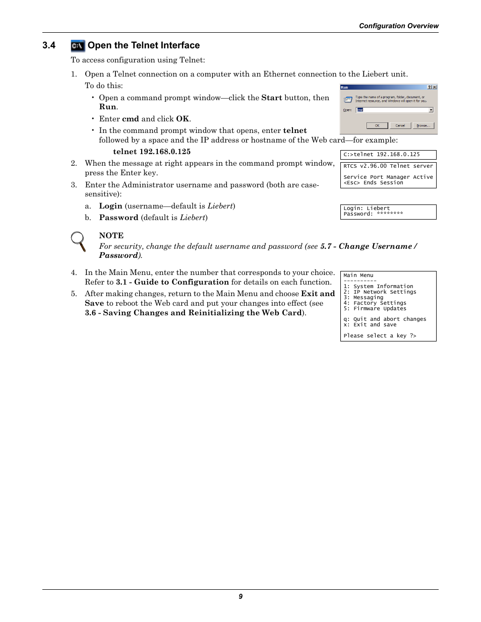 4 open the telnet interface, Open the telnet interface | Emerson Liebert IntelliSlot IS-WEB485ADPT User Manual | Page 13 / 60
