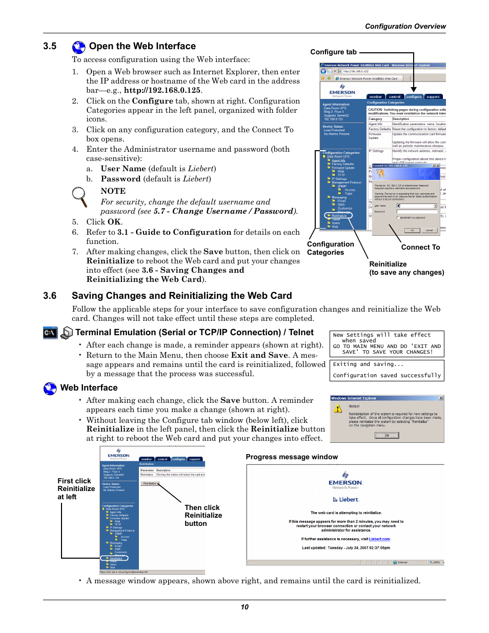 5 open the web interface, 6 saving changes and reinitializing the web card, Web interface | Open the web interface, Saving changes and reinitializing the web card | Emerson Liebert IntelliSlot IS-WEB485ADPT User Manual | Page 14 / 60