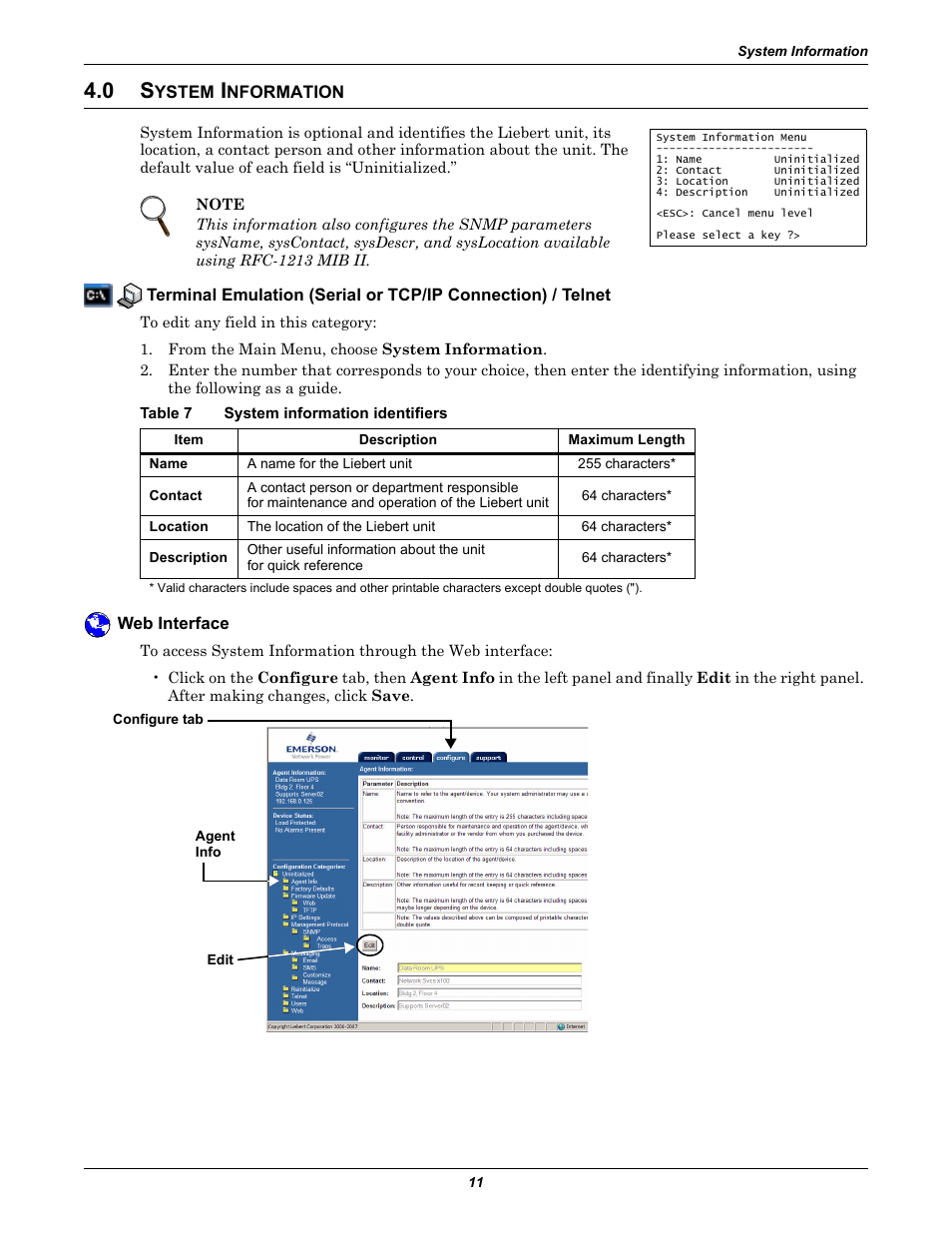 0 system information, Table 7 system information identifiers, Web interface | Ystem, Nformation, Table 7, System information identifiers | Emerson Liebert IntelliSlot IS-WEB485ADPT User Manual | Page 15 / 60