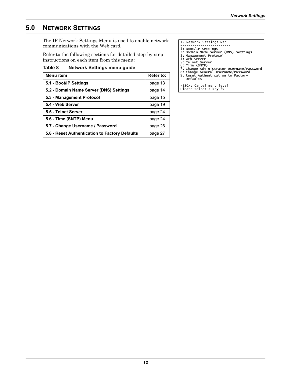 0 network settings, Table 8 network settings menu guide, Etwork | Ettings, Table 8, Network settings menu guide | Emerson Liebert IntelliSlot IS-WEB485ADPT User Manual | Page 16 / 60