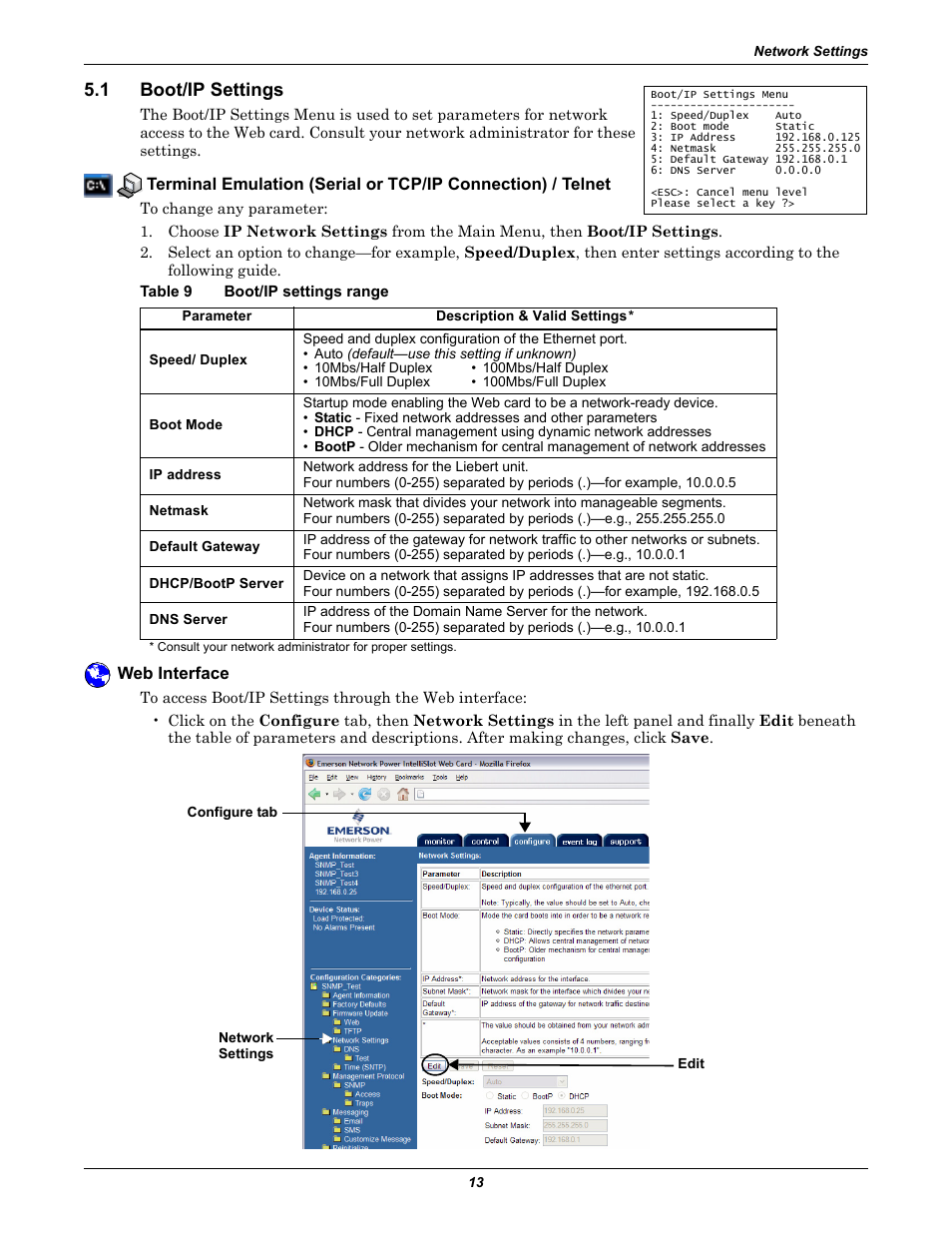 1 boot/ip settings, Table 9 boot/ip settings range, Web interface | Boot/ip settings, Table 9, Boot/ip settings range, 1 - boot/ip settings | Emerson Liebert IntelliSlot IS-WEB485ADPT User Manual | Page 17 / 60