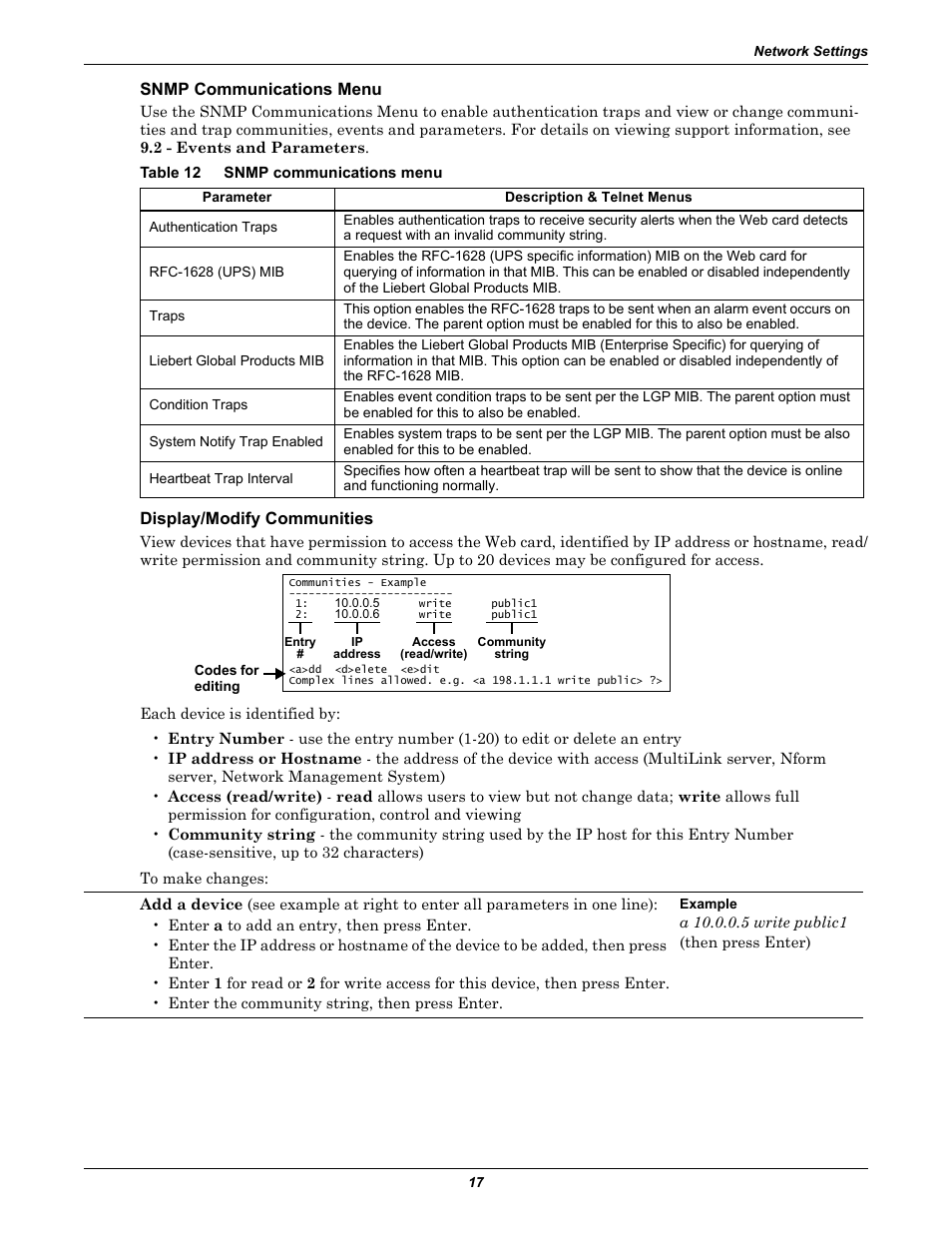 Snmp communications menu, Table 12 snmp communications menu, Display/modify communities | Table 12 | Emerson Liebert IntelliSlot IS-WEB485ADPT User Manual | Page 21 / 60