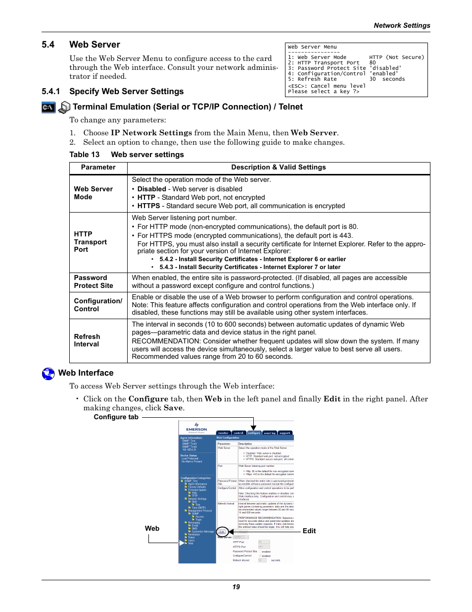 4 web server, 1 specify web server settings, Table 13 web server settings | Web interface, Web server, Table 13, Web server settings, 4 - web server | Emerson Liebert IntelliSlot IS-WEB485ADPT User Manual | Page 23 / 60