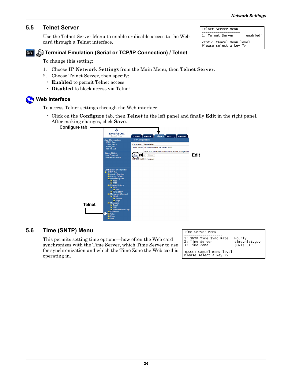 5 telnet server, Web interface, 6 time (sntp) menu | Telnet server, Time (sntp) menu, 5 - telnet server, 6 - time (sntp) menu | Emerson Liebert IntelliSlot IS-WEB485ADPT User Manual | Page 28 / 60