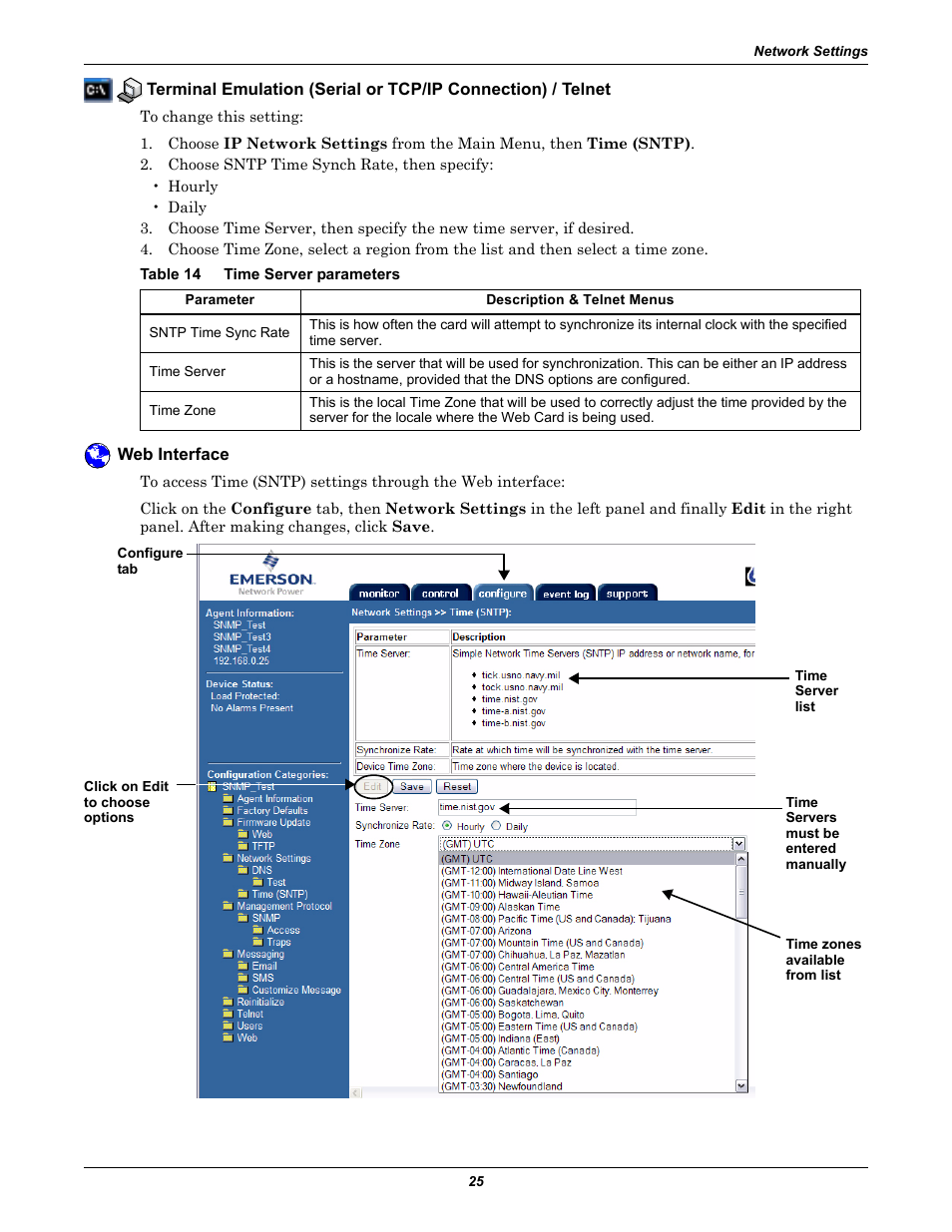 Table 14 time server parameters, Web interface, Table 14 | Time server parameters | Emerson Liebert IntelliSlot IS-WEB485ADPT User Manual | Page 29 / 60