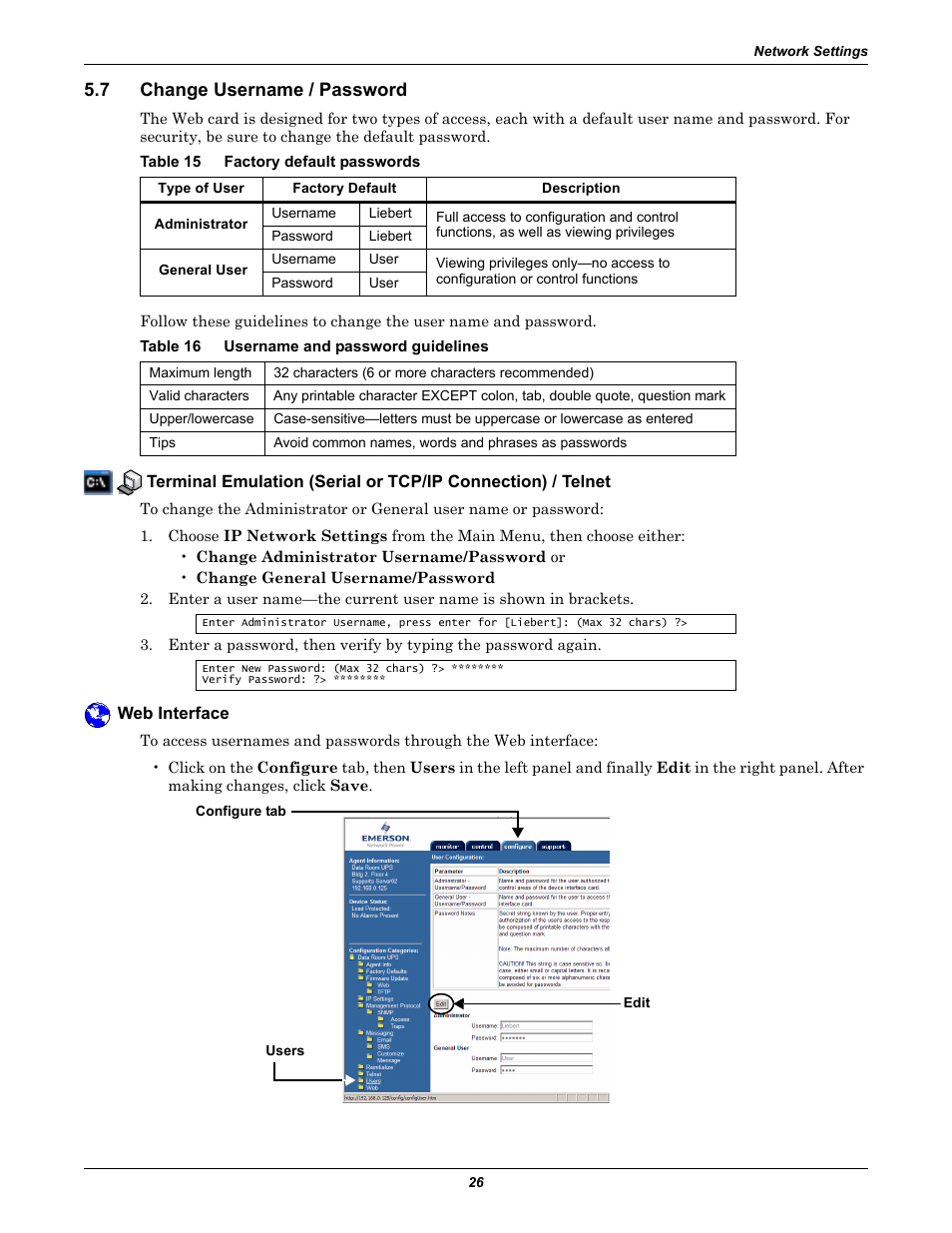 7 change username / password, Table 15 factory default passwords, Table 16 username and password guidelines | Web interface, Change username / password, Table 15, Factory default passwords, Table 16, Username and password guidelines, 7 - change username | Emerson Liebert IntelliSlot IS-WEB485ADPT User Manual | Page 30 / 60