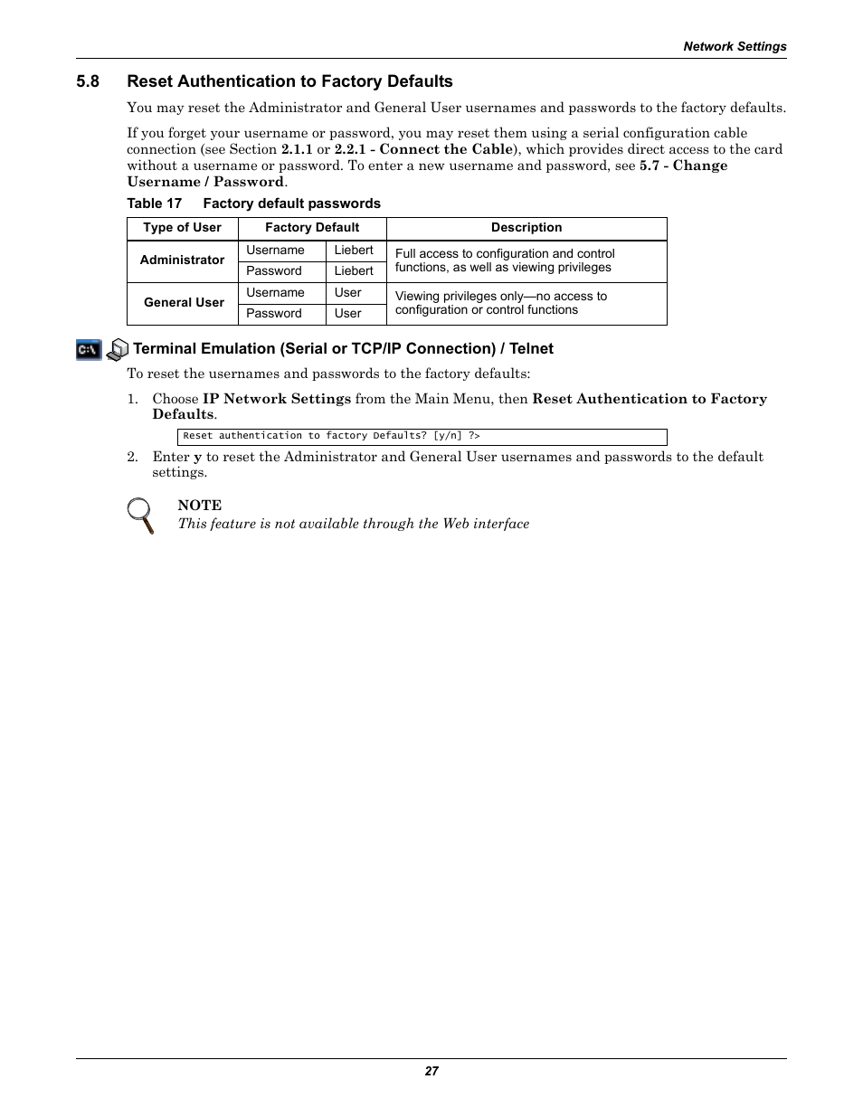 8 reset authentication to factory defaults, Table 17 factory default passwords, Reset authentication to factory defaults | Table 17, Factory default passwords, 8 - reset authentication to factory defaults | Emerson Liebert IntelliSlot IS-WEB485ADPT User Manual | Page 31 / 60