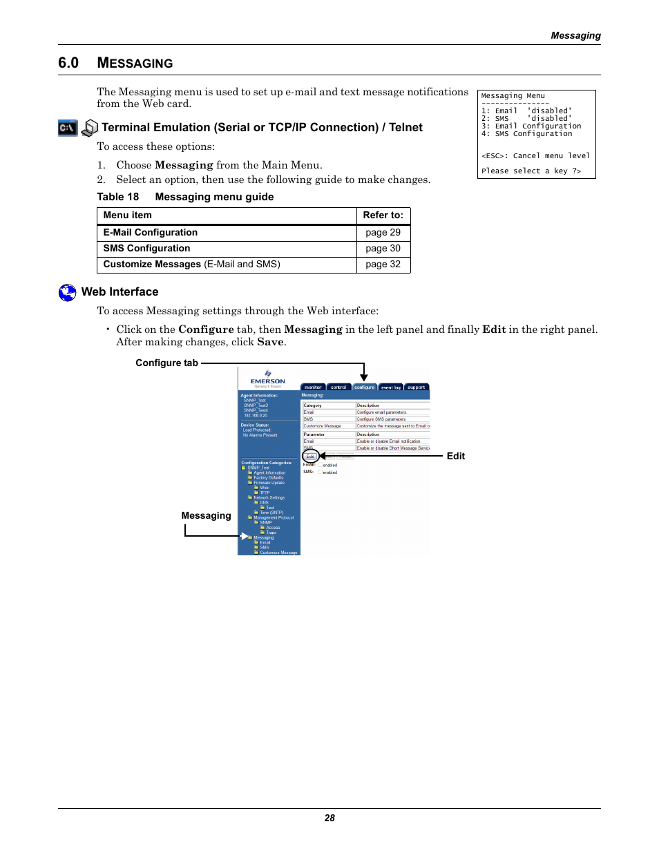 0 messaging, Table 18 messaging menu guide, Web interface | Essaging, Table 18, Messaging menu guide | Emerson Liebert IntelliSlot IS-WEB485ADPT User Manual | Page 32 / 60