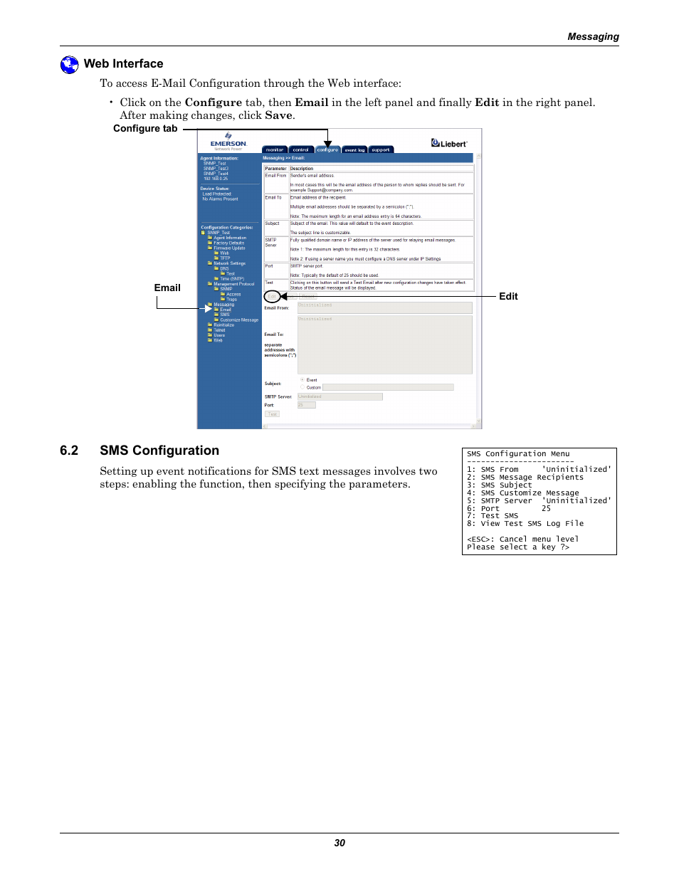 Web interface, 2 sms configuration, Sms configuration | Emerson Liebert IntelliSlot IS-WEB485ADPT User Manual | Page 34 / 60