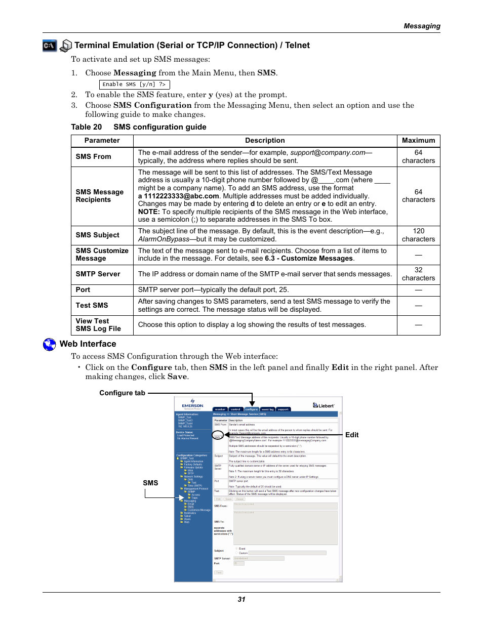 Table 20 sms configuration guide, Web interface, Table 20 | Sms configuration guide | Emerson Liebert IntelliSlot IS-WEB485ADPT User Manual | Page 35 / 60